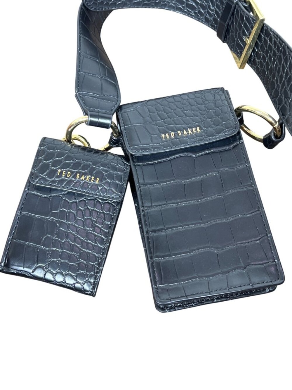 TED BAKER Black Shamimm Croc-embossed Faux-leather Phone Crossbody Duo Black EUC